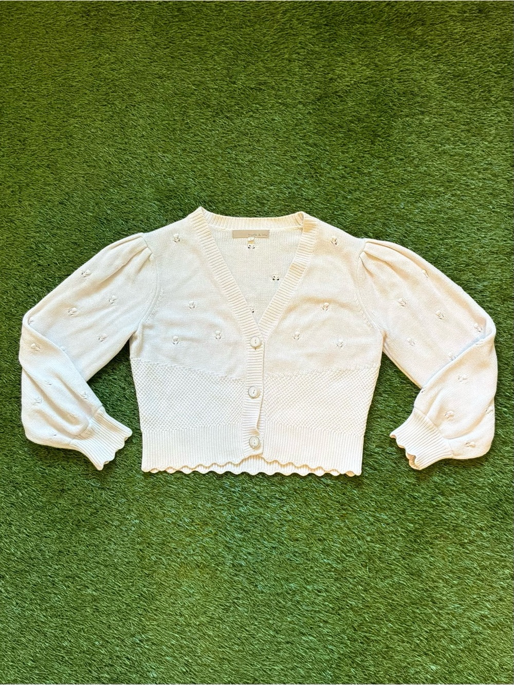 Monk & Lou Cream Pointelle Puff Sleeve Cropped Cardigan Small